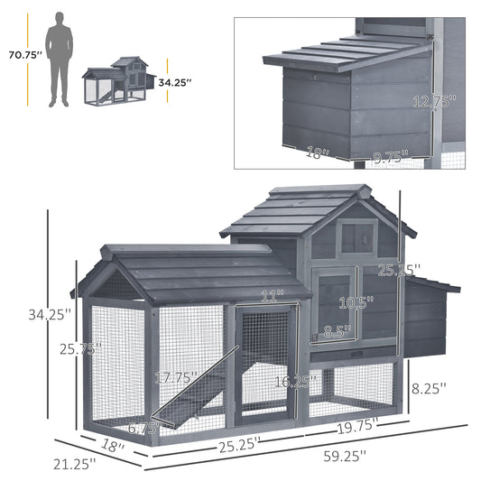PawHut 59" Small Wooden Chicken coop Hen House Poultry Cage for Outdoor Backyard with 2 Doors, Nesting Box and Removable Tray, Gray
