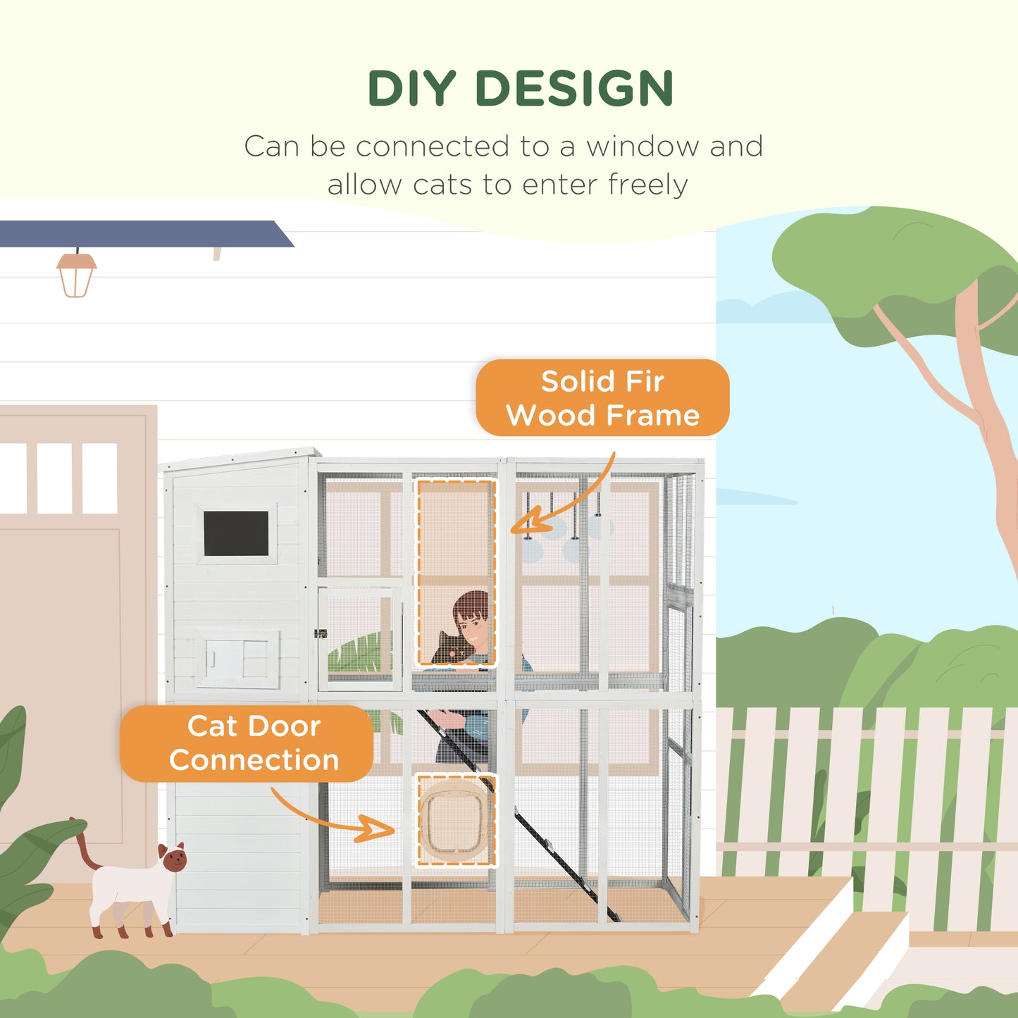 PawHut Wooden Outdoor Catio with Platforms, Asphalt Roof, Ramps, White