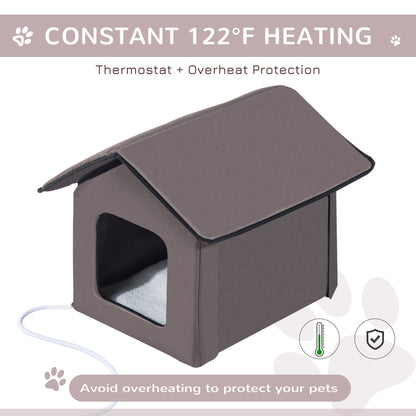 PawHut Heated Cat Houses for Outdoor and Indoor, Portable Kitty Shelter, Waterproof and Insulated, Brown