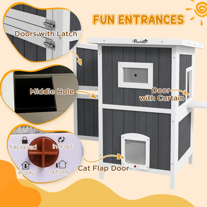 PawHut Outside Cat House Wooden Feral Cat House w/ Weatherproof Roof, Removable Floor, Escape Doors, for 1-2 Cats, Gray