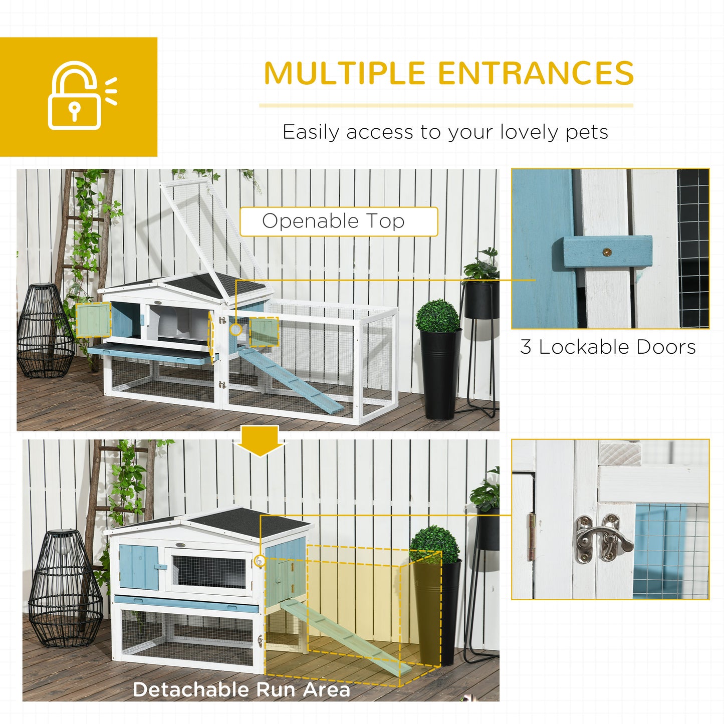 PawHut Rabbit Hutch 2-Story Bunny Cage, Guinea Pig Cage, Small Animal House with Slide Out Tray, for Rabbits, Chickens, Ducks, Indoor Outdoor, 61.5" x 23" x 27", Light Blue