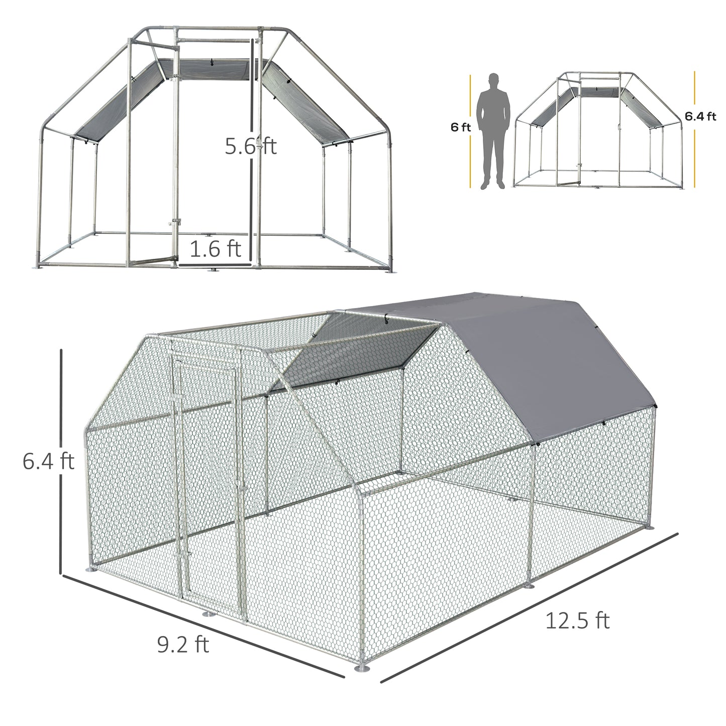 PawHut Large Chicken Coop Metal Chicken Run with Waterproof and Anti-UV Cover, Flat Shaped Walk-in Fence Cage Hen House for Outdoor and Yard Farm Use, 1.3" Tube Diameter, 9' x 12' x 6.5'