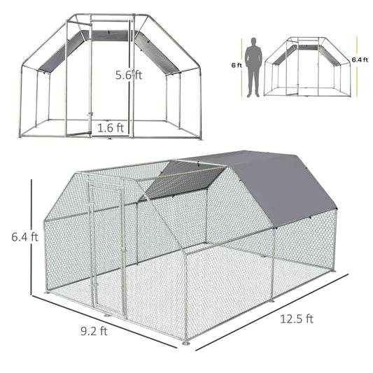 PawHut Large Chicken Coop Metal Chicken Run with Waterproof and Anti-UV Cover, Flat Shaped Walk-in Fence Cage Hen House for Outdoor and Yard Farm Use, 1.3" Tube Diameter, 9' x 12' x 6.5'