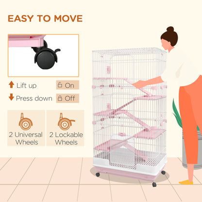 PawHut 32"L 6-Level Small Animal Cage Rabbit Hutch with Universal Lockable Wheels, Slide-out Tray for Bunny, Chinchillas, Ferret, Pink