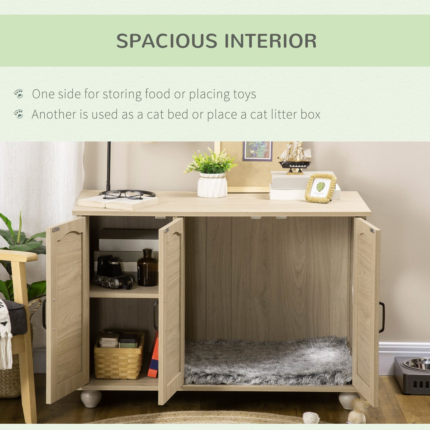 PawHut Cat Litter Box Enclosure Side Table, Cat Washroom Storage with Soft Cushion, PE Rattan, Adjustable Partition, Oak