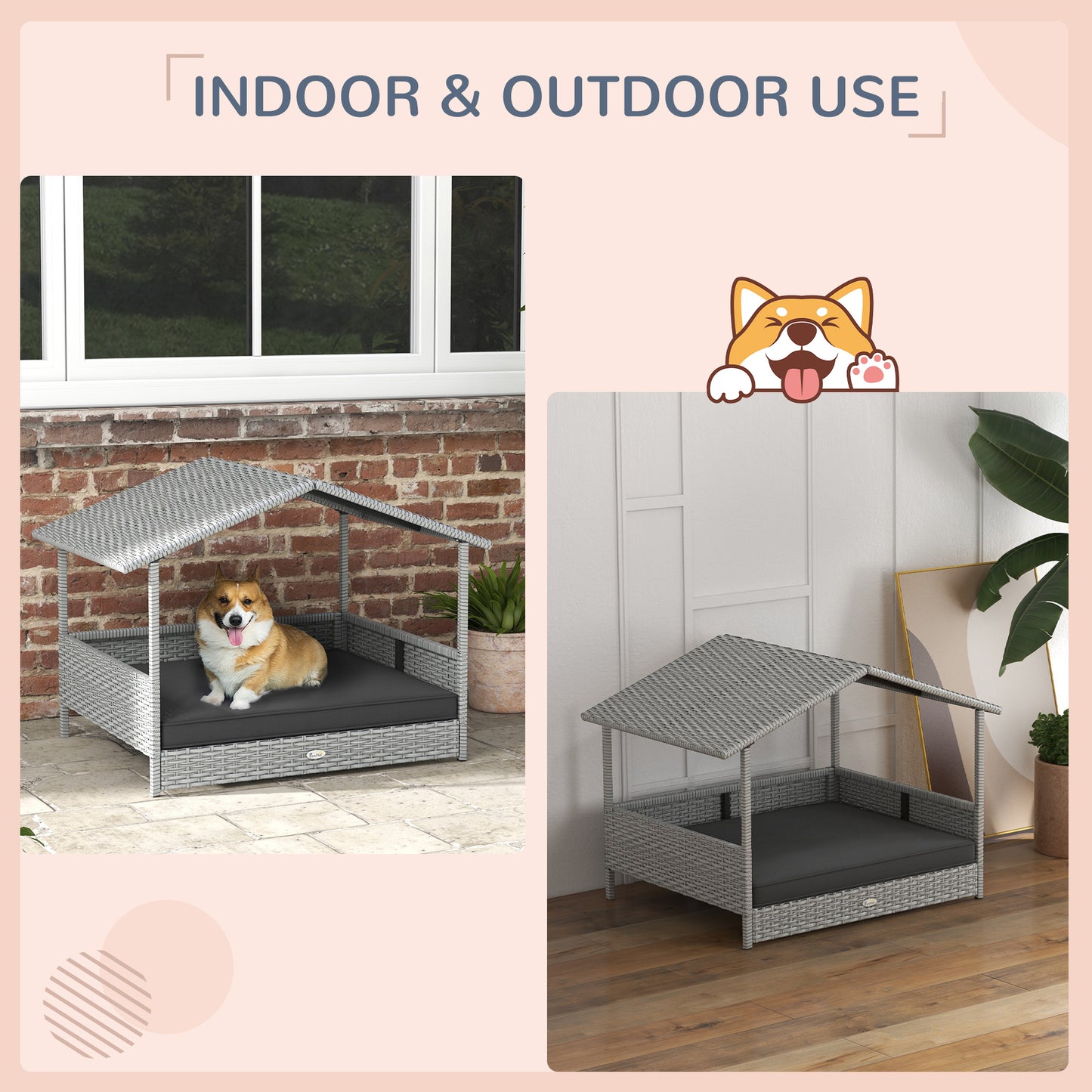 PawHut Wicker Dog House Outdoor with Canopy, Rattan Dog Bed with Water-resistant Cushion, Raised Dog Bed for Small, Medium Dogs up to 66 lbs, 19.75" in Length, Silver Wicker, Gray Cushion