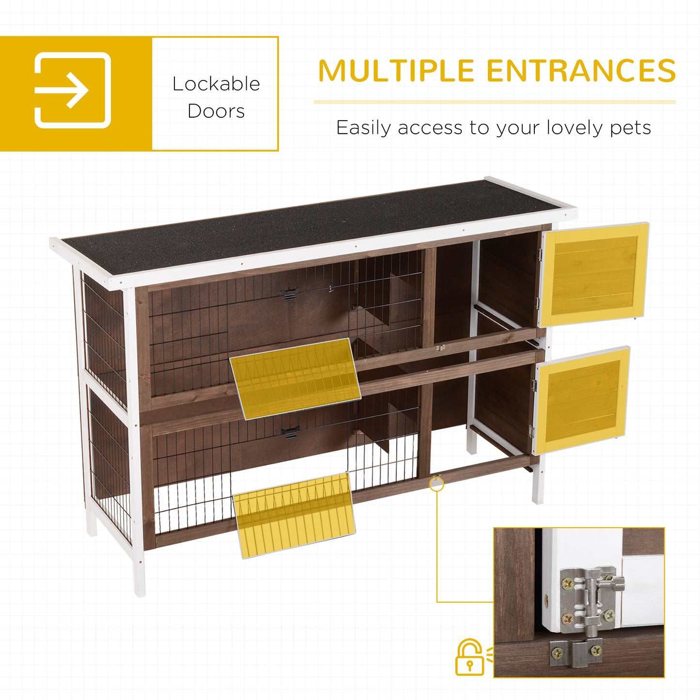 PawHut Wooden Rabbit Hutch w/ Dividers Asphalt Roof for Small Animals & Outdoors, Brown