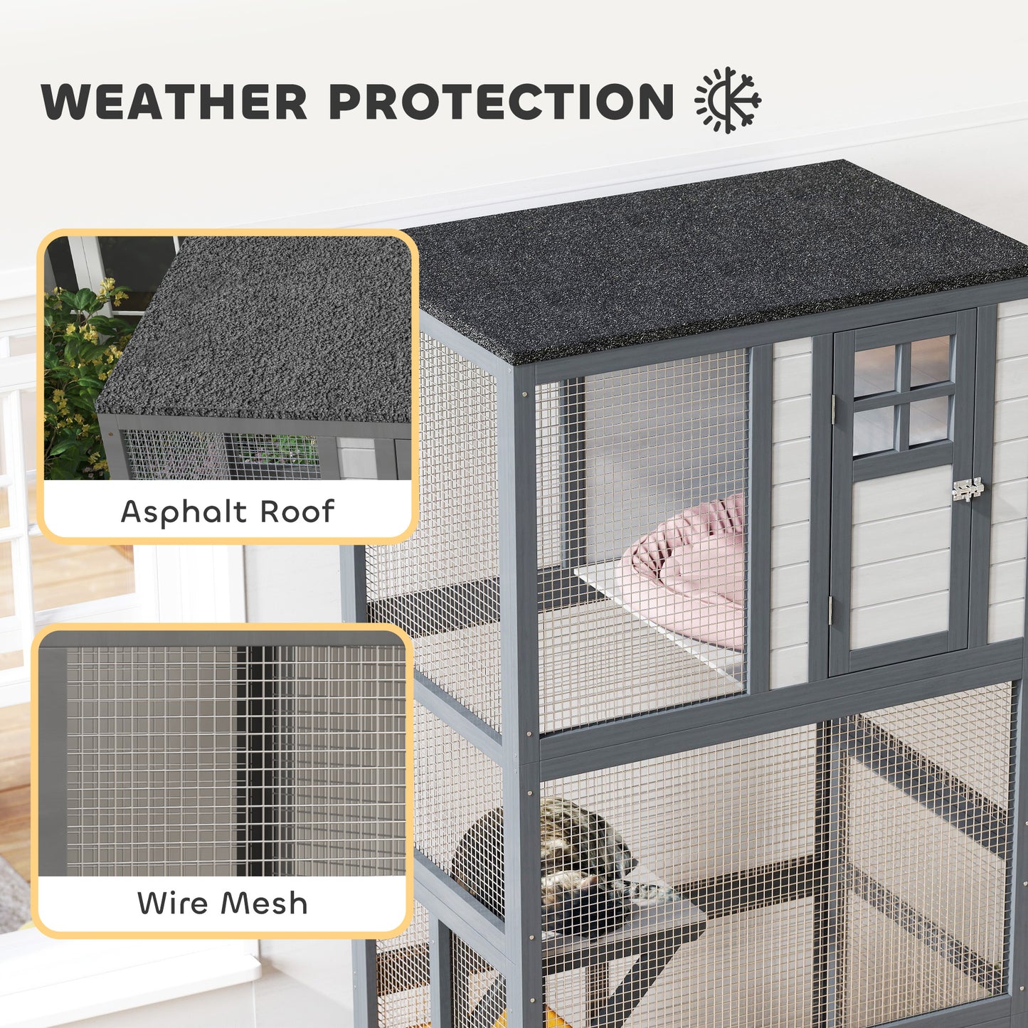 PawHut 74" Wooden Outdoor Cat House Catio with High Weight Capacity, Cat Cage Condo, Dark Gray