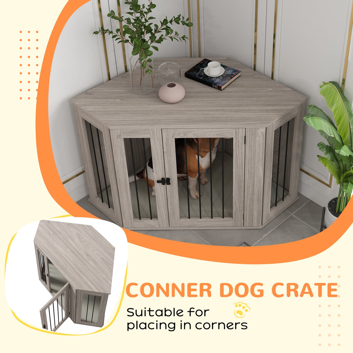 PawHut Corner Dog Crate, Furniture Dog Cages with Cushion for Large-Sized Dog, Indoor Use, Walnut Brown