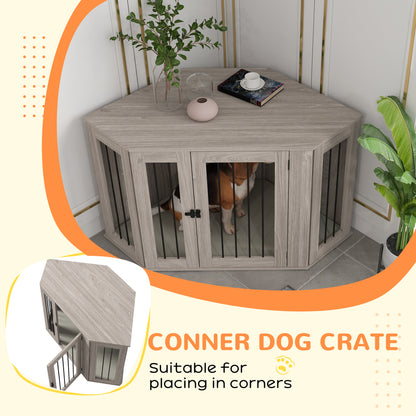PawHut Corner Dog Crate, Furniture Dog Cages with Cushion for Large-Sized Dog, Indoor Use, Walnut Brown