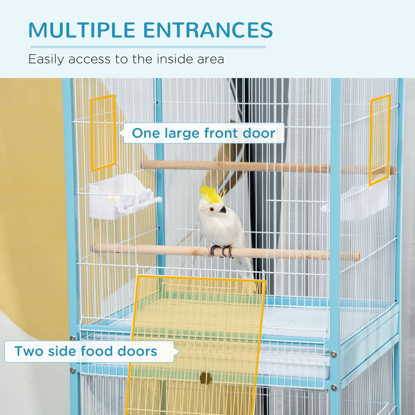 PawHut 55" 2 In 1 Bird Cage Aviary Parakeet House for finches, budgies with Wheels, Light Blue