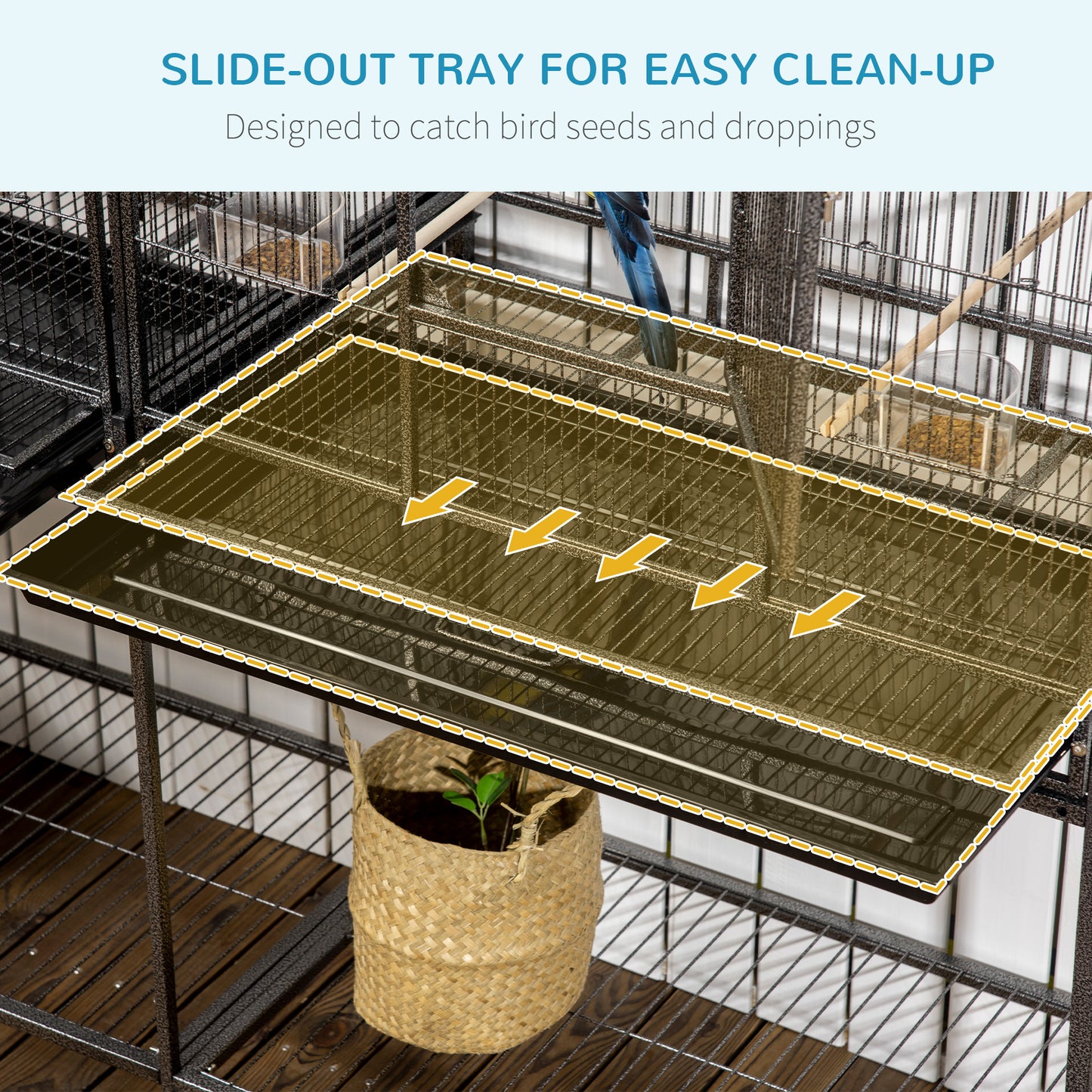 PawHut Rolling 65"L Bird Cage w/ Storage Shelf Wood Perch Food Container