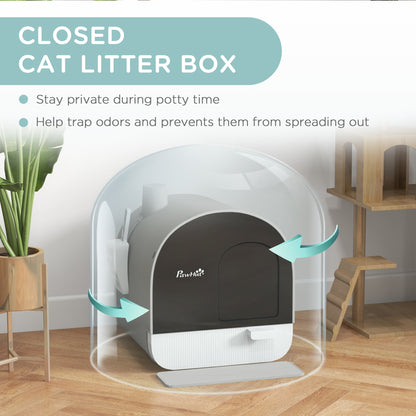 PawHut Cat Litter Box with Lid with Scoop and Filter, Light Gray