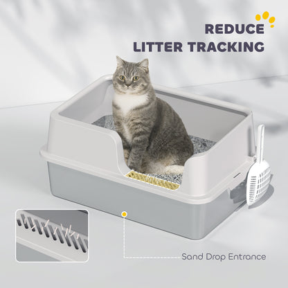 PawHut Stainless Steel High-Side Litter Box w/ Scoop – Light Gray