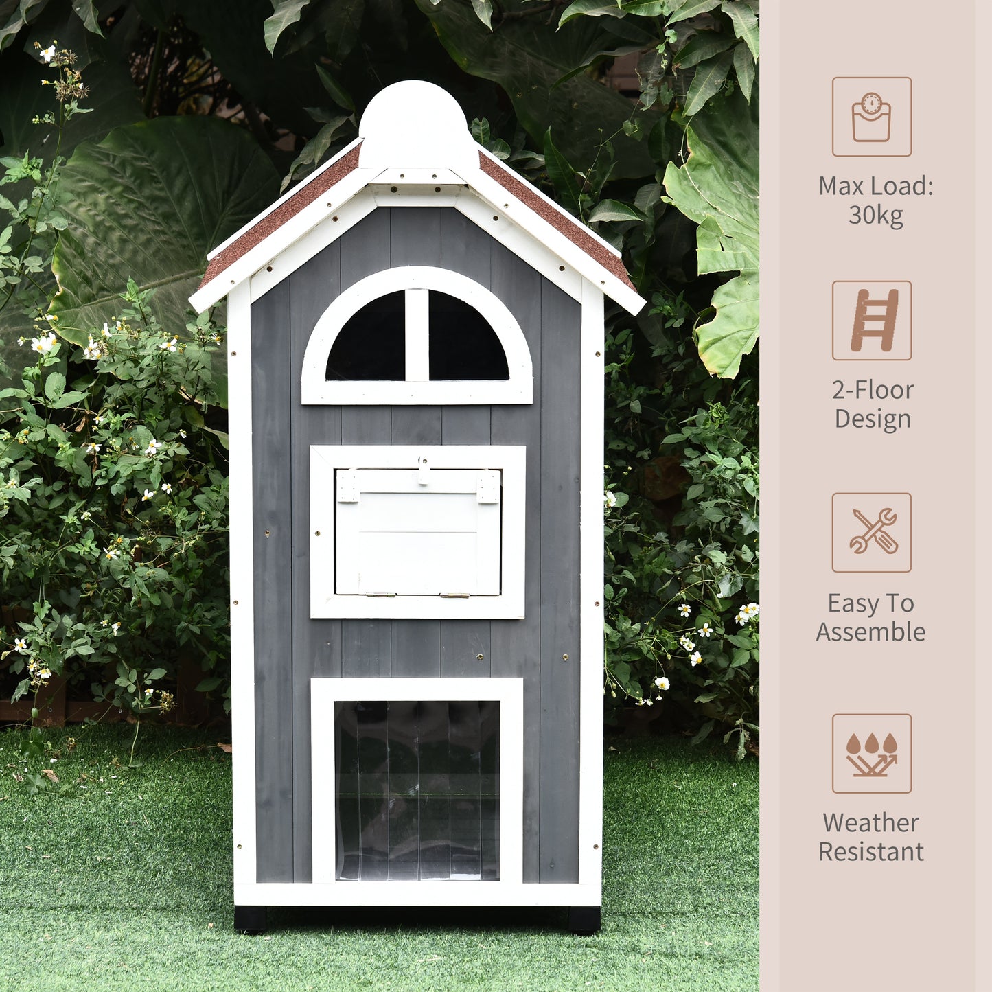 PawHut 43"H Wooden Cat House Outdoor with Hammock, Weatherproof 3-Floor Feral Cat Shelter with Escape Doors, Asphalt Roof, Inside Ladders, Gray