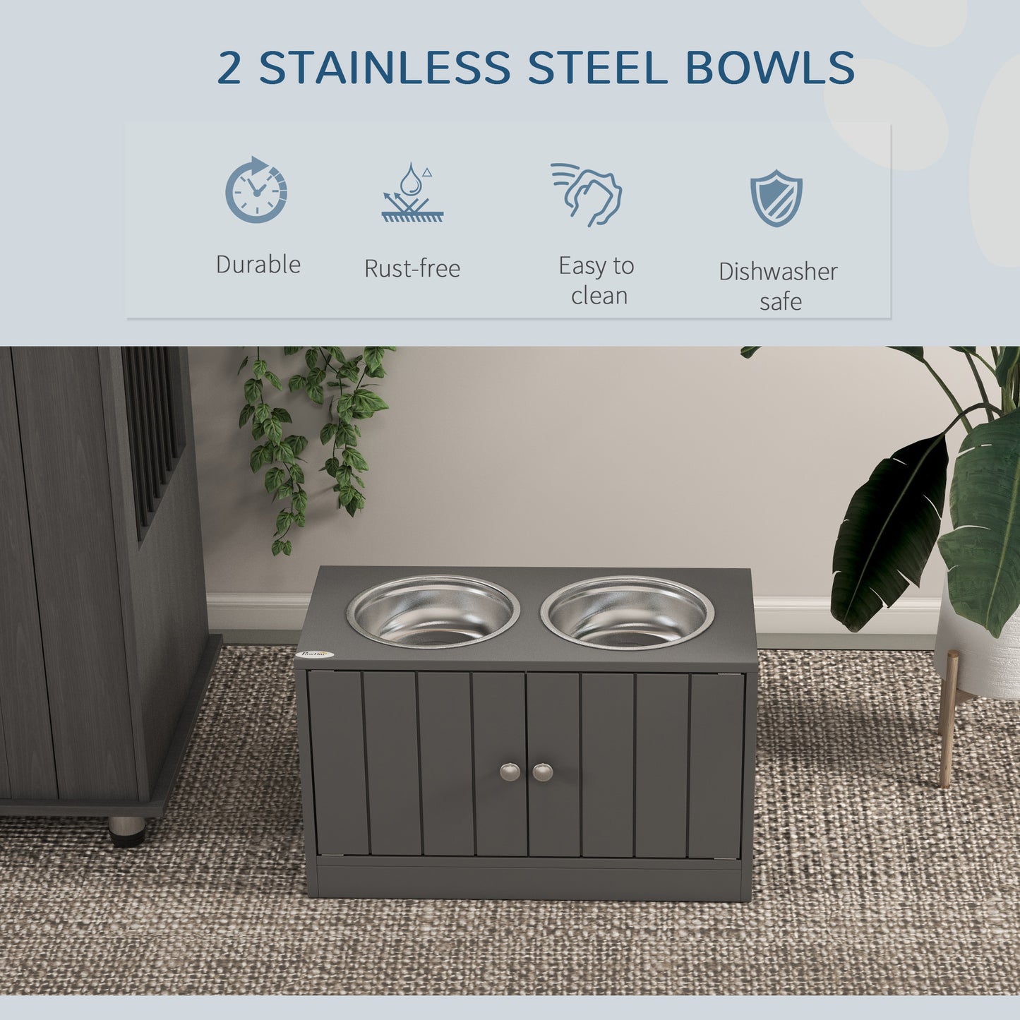 PawHut Elevated Dog Bowls with Storage Cabinet Containing Large 44L Capacity, Gray