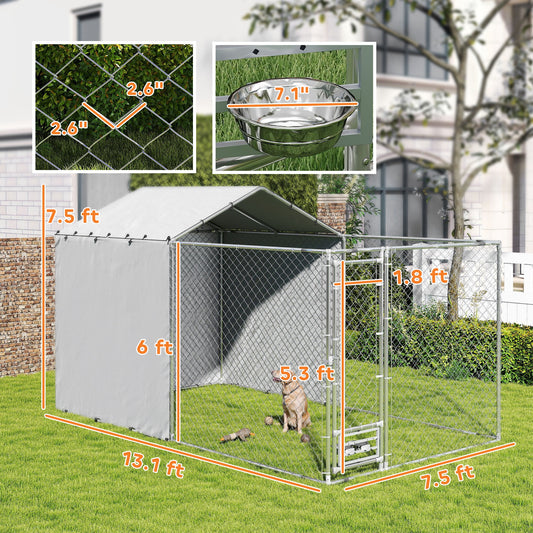 PawHut Galvanized Chain Link Large Outdoor Dog Kennel with Waterproof & UV-Resistant Cover, for M&L Dogs, 13.1' x 7.5' x 7.5'