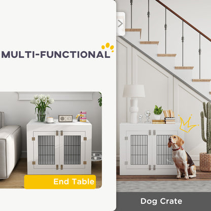 PawHut Dog Crate Furniture with 360° Rotatable Removable Dog Bowls, Dog Kennel Furniture for Medium Dogs, White