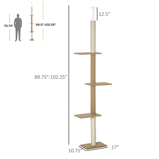 PawHut Floor-to-Ceiling Cat Tree Cat Climbing Tower with Sisal-Covered Scratching Posts Natural Cat Tree Activity Center for Kittens Cat Tower Furniture, Light brown