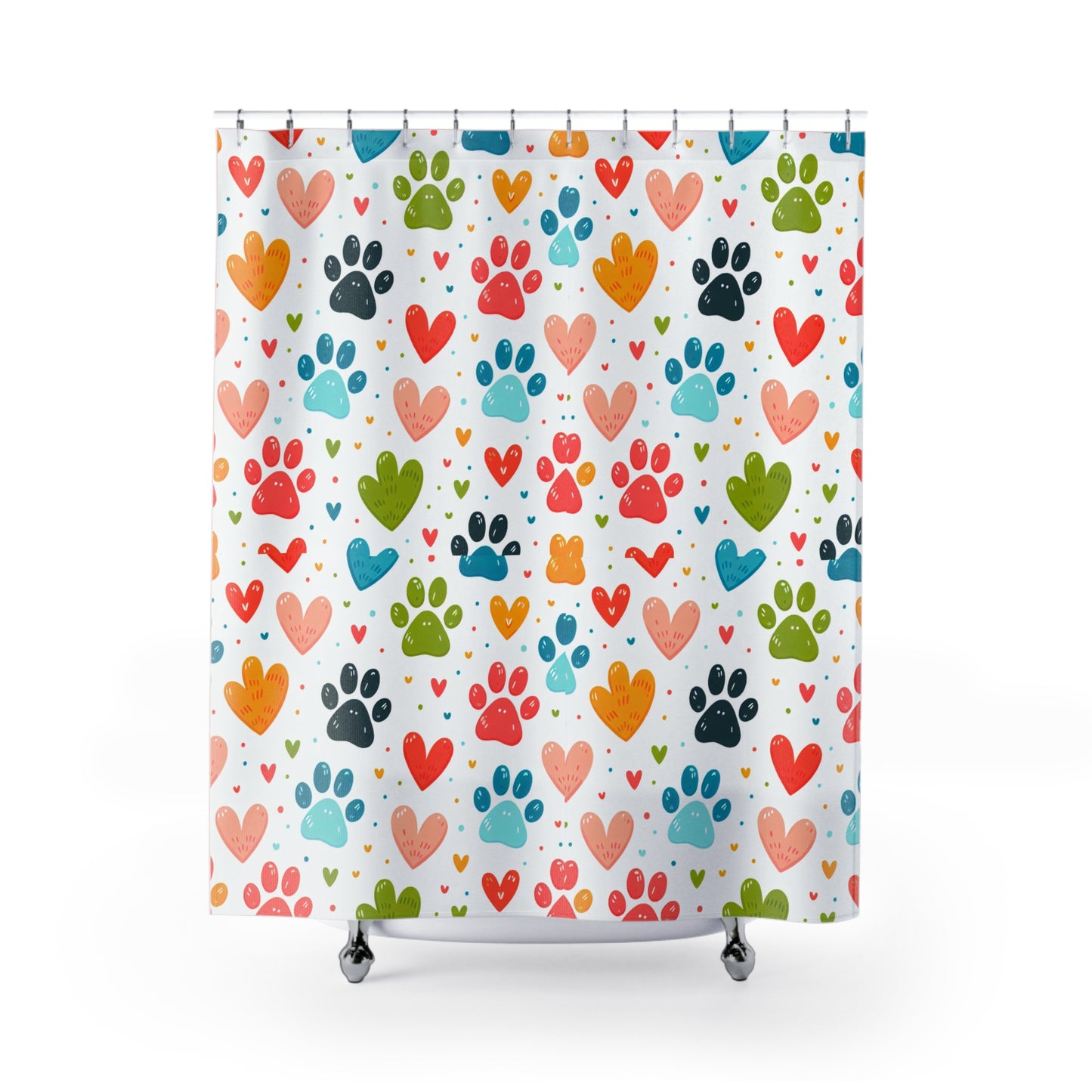 Colorful Paw Print Shower Curtain | Pet Lover Gift, Heart Decor, Animal Print Bathroom, Dog Cat Theme, Love Your Pets