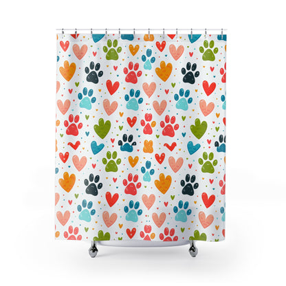 Colorful Paw Print Shower Curtain | Pet Lover Gift, Heart Decor, Animal Print Bathroom, Dog Cat Theme, Love Your Pets