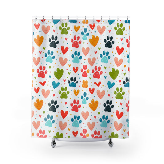 Colorful Paw Print Shower Curtain | Pet Lover Gift, Heart Decor, Animal Print Bathroom, Dog Cat Theme, Love Your Pets