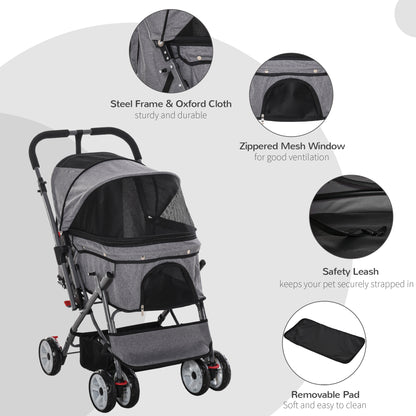 PawHut Pet Stroller Foldable Dog/Cat Travel Carriage with Reversible Handle EVA Wheels Brakes Storage Bag, 3-stage Canopy, Zippered Mesh Window Door, Grey