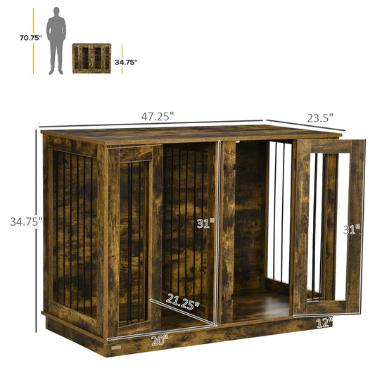 PawHut Furniture Style Dog Crate with Removable Divider, Dog Crate Side End Table Indoor with Double Doors, for Small to Large Dogs, 47" x 23.5" x 35", Rustic Brown