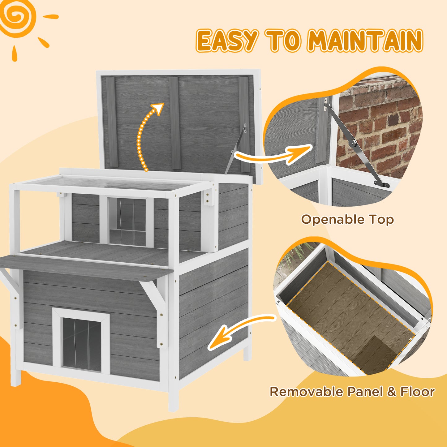 PawHut 2-Story Wooden Cat House Outdoor with Balcony, Openable Top, Escape Door, Removable Panel & Floor, for Backyard, Outside