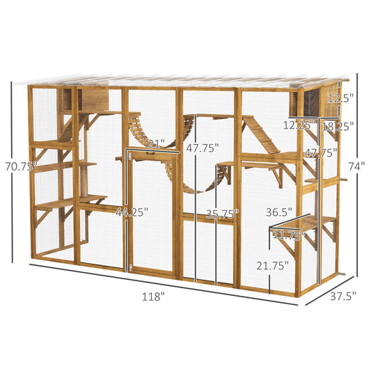 PawHut Catio Playground Cat Window Box Outside Enclosure for Multiple Cats w/ Shelves & Bridges, Yellow