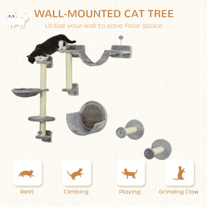 PawHut 5pc Cat Wall Shelves with Hammock, Perches, Ladder, Scratching Post
