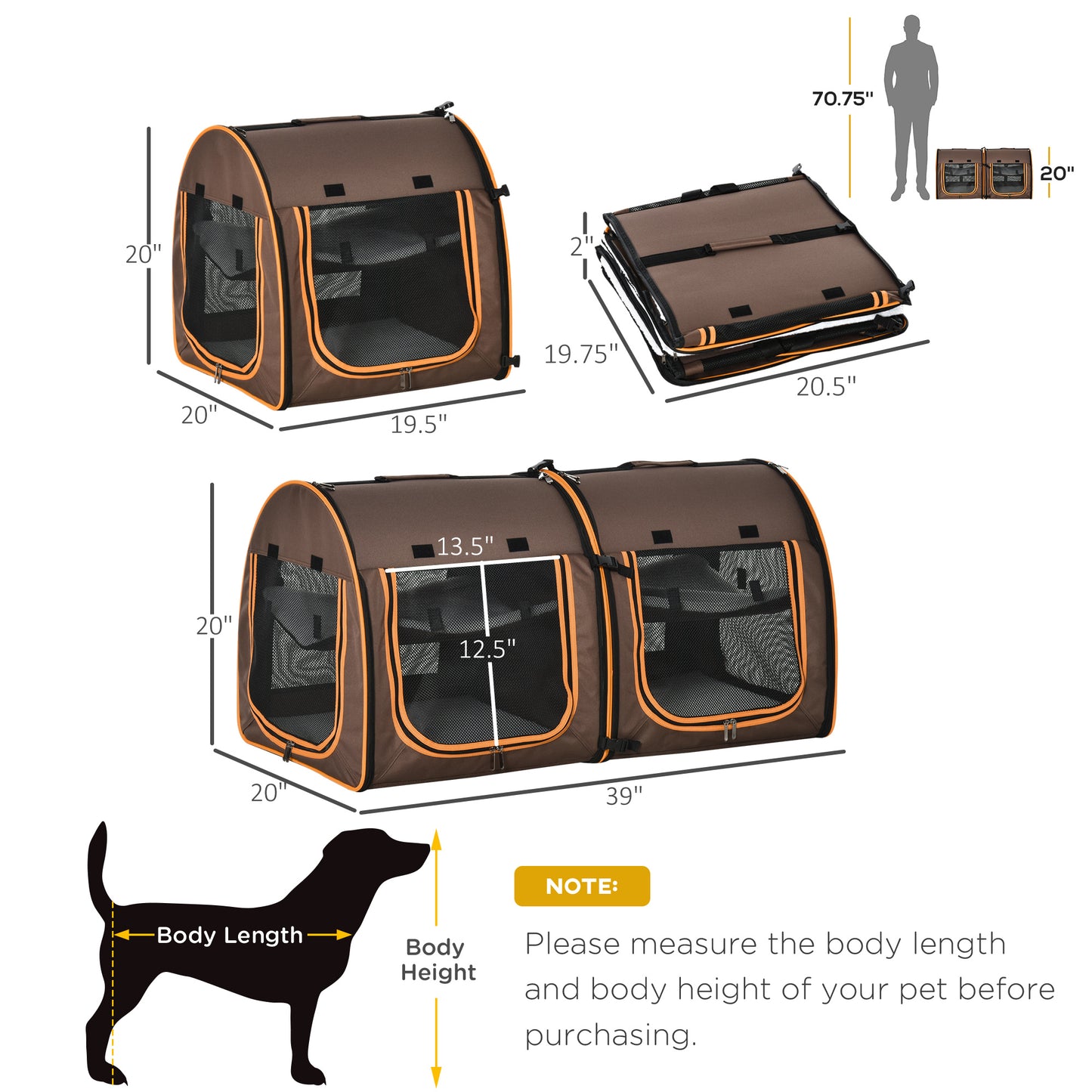 PawHut 39" Portable Soft-Sided Pet Cat Carrier With Divider, Dual Compartment, Soft Cushions, & Storage Bag - Brown