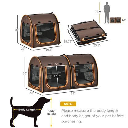 PawHut 39" Portable Soft-Sided Pet Cat Carrier With Divider, Dual Compartment, Soft Cushions, & Storage Bag - Brown