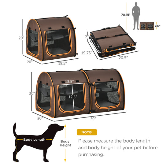PawHut 39" Portable Soft-Sided Pet Cat Carrier With Divider, Dual Compartment, Soft Cushions, & Storage Bag - Brown
