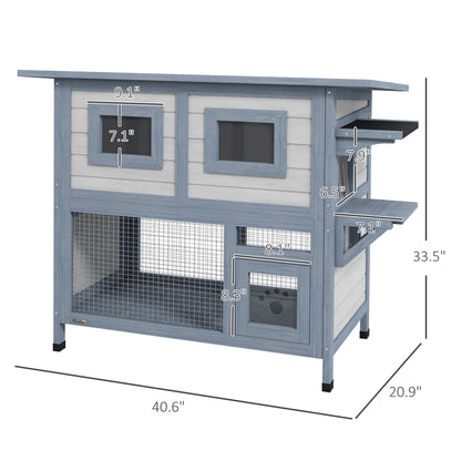 PawHut 2 Tier Outdoor Cat House Weatherproof with Escape Door, Asphalt Roof for Outside, Backyard, Light Gray