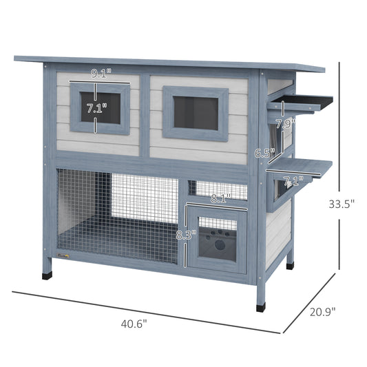 PawHut 2 Tier Outdoor Cat House Weatherproof with Escape Door, Asphalt Roof for Outside, Backyard, Light Gray