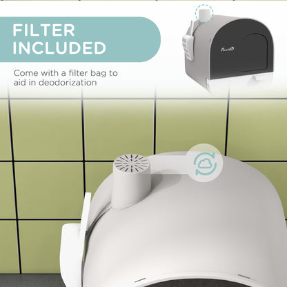 PawHut Cat Litter Box with Lid with Scoop and Filter, Light Gray