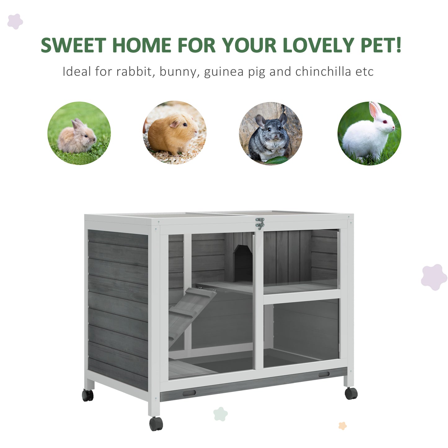 PawHut Outdoor Rabbit Enclosure Solid Wood Pet House with a Main Room for Sleeping and a Cage Area for Playing - Indoor/Outdoor