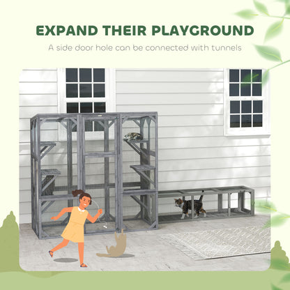 PawHut Large Wooden Catio Outdoor with 6 Jumping Platforms, Weatherproof Roof, for 1-3 Cats, 59" x 28" x 60", Gray