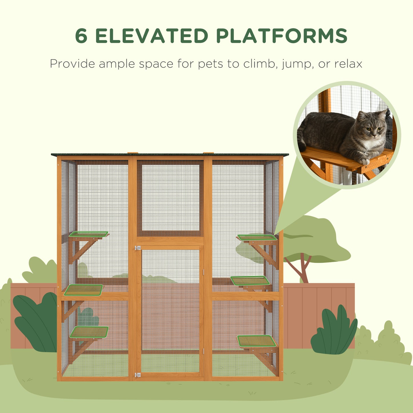 PawHut Outdoor Cat House Big Catio Wooden Feral Cat Shelter Enclosure with Large Spacious Interior, 6 High Ledges, Weather Protection Asphalt Roof, 71" L, Orange