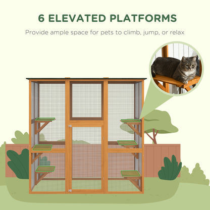 PawHut Outdoor Cat House Big Catio Wooden Feral Cat Shelter Enclosure with Large Spacious Interior, 6 High Ledges, Weather Protection Asphalt Roof, 71" L, Orange