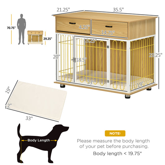 PawHut Dog Crate with Drawers, Soft Cushion, Lockable Door, for Small and Medium Dogs, Oak