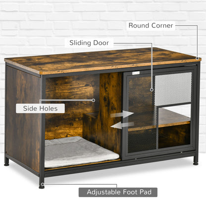 PawHut Wooden Cat Crate, Furniture Style Dog Cage, Puppy Kennel Indoor, End Table Pet House with Cushion and Sliding Doors, Rustic Brown
