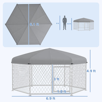 PawHut 6.9' x 6.1' x 4.9' Dog Kennel Outdoor for Medium and Large-Sized Dogs with Waterproof UV Resistant Roof, Silver