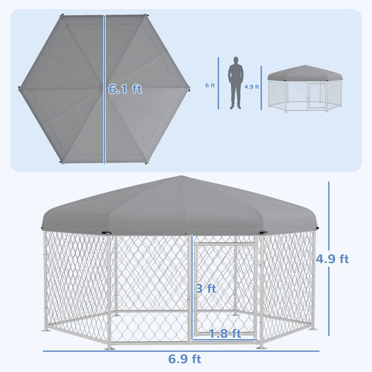 PawHut 6.9' x 6.1' x 4.9' Dog Kennel Outdoor for Medium and Large-Sized Dogs with Waterproof UV Resistant Roof, Silver