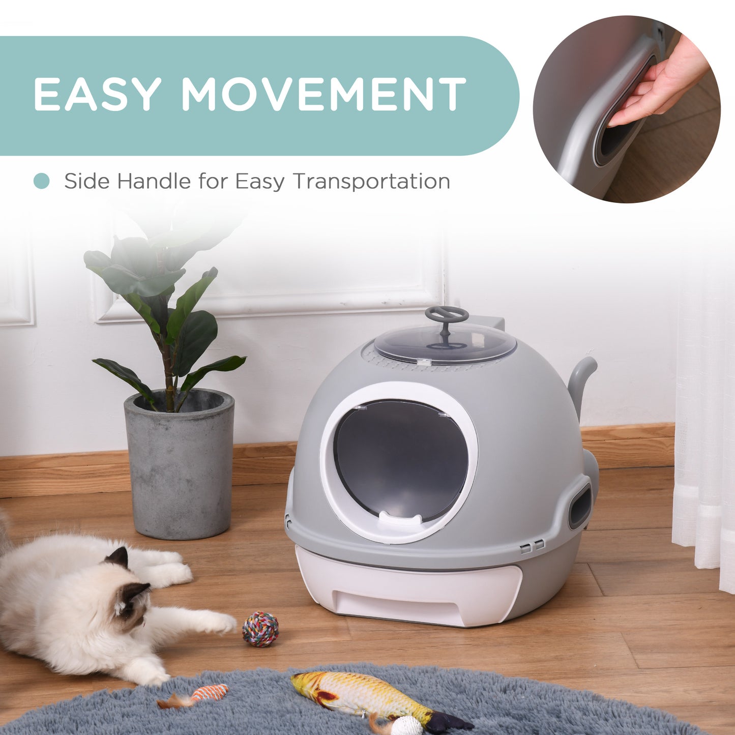 PawHut Cat Litter Box Toilet with Lid, Covered Litter Box with Scoop, Enclosed Drawer, and Skylight, Gray