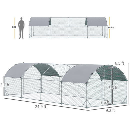 PawHut Large Metal Chicken Coop with Waterproof and Anti-UV Cover for Yard, Outdoor, Duck, Rabbit, 9.2' x 24.9' x 6.5'