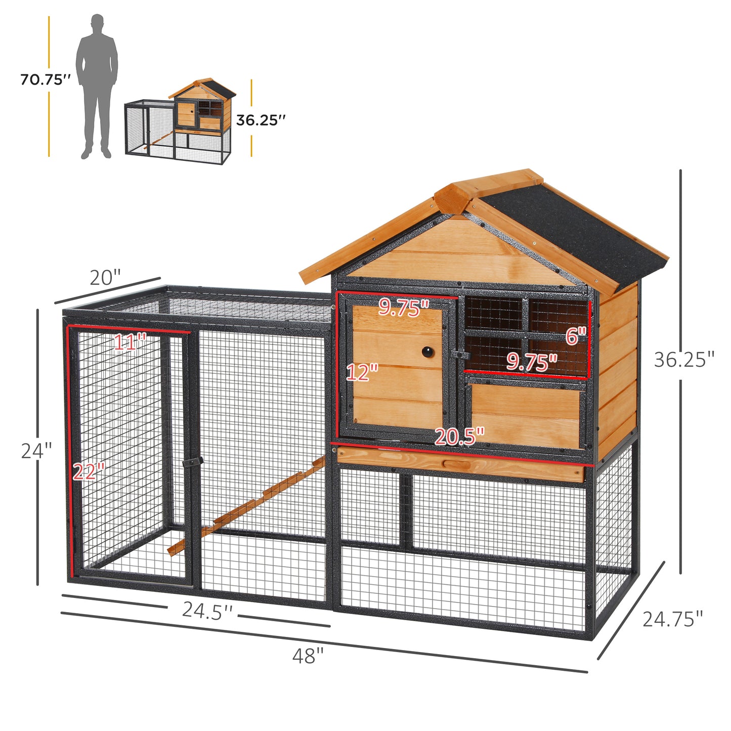 PawHut Outdoor Rabbit Cage Elevated Pet House w/ Slide-Out Tray, Natural Wood & Black