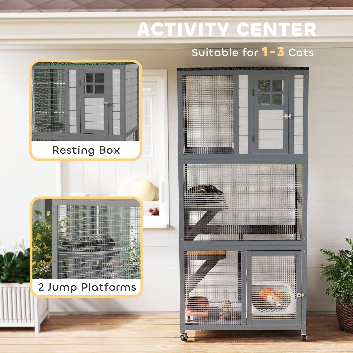 PawHut 74" Wooden Outdoor Cat House Catio with High Weight Capacity, Cat Cage Condo, Dark Gray