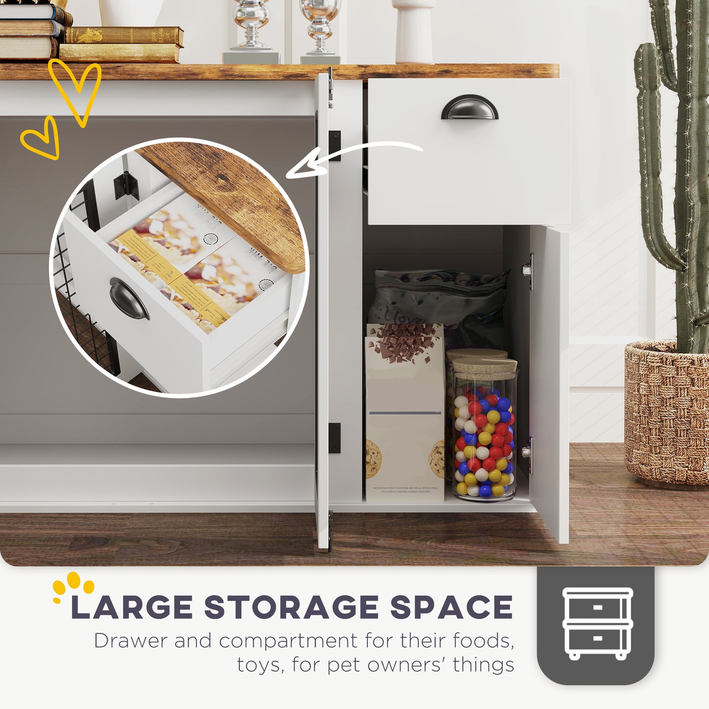 PawHut 44" Furniture Dog Crate with Double Door, Storage & Drawer for Medium Sized Dogs, White